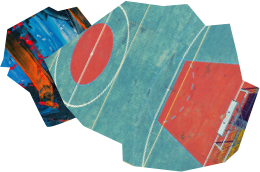 Painterly multi-colored cutout graphic.