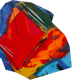 Painterly multi-colored cutout graphic.