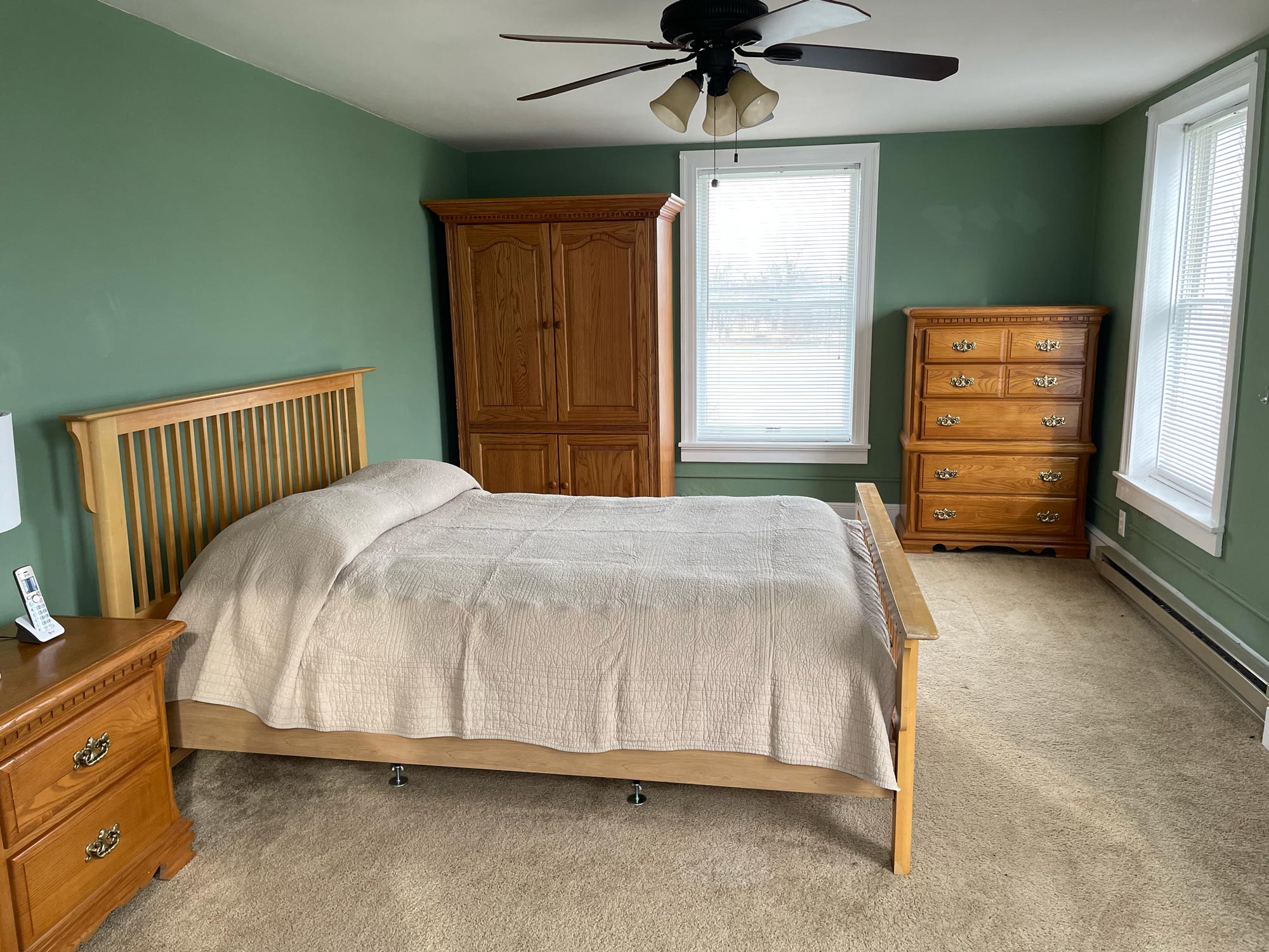bed in a carpeted room with ceiling fan, night stand, & dressers