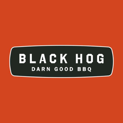 Black Black Hog Barbecue logo on orange background with subtitle "darn good bbq"