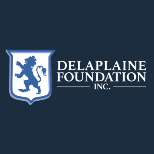 Blue and white Delaplaine Foundation, Inc., logo