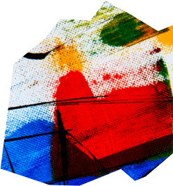 Painterly multi-colored cutout graphic.