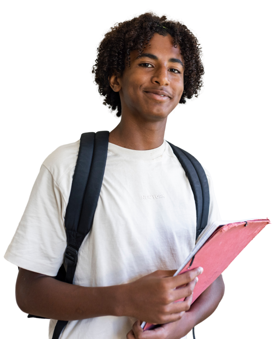 color photo of an African-American youth smiling, sporting a backpack and holding a spiral notebook