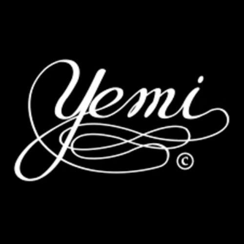 Yemi - Frederick's local world-renowned artist's white logo on black background