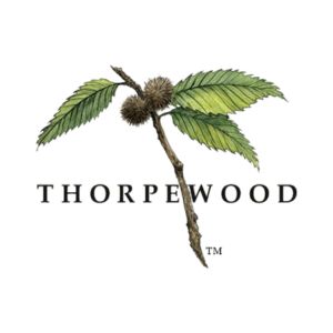 Green leaves and two acorns ThorpeWood logo on white background