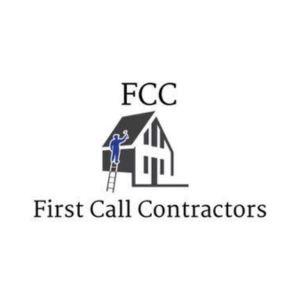 Black house with a man dressed in blue on a ladder for First Call Contractors logo