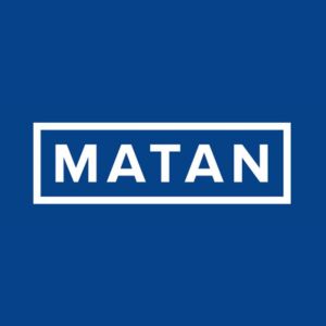 white Matan logo on royal blue background