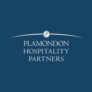 white logo of Plamondon Hospitality Partners on blue background
