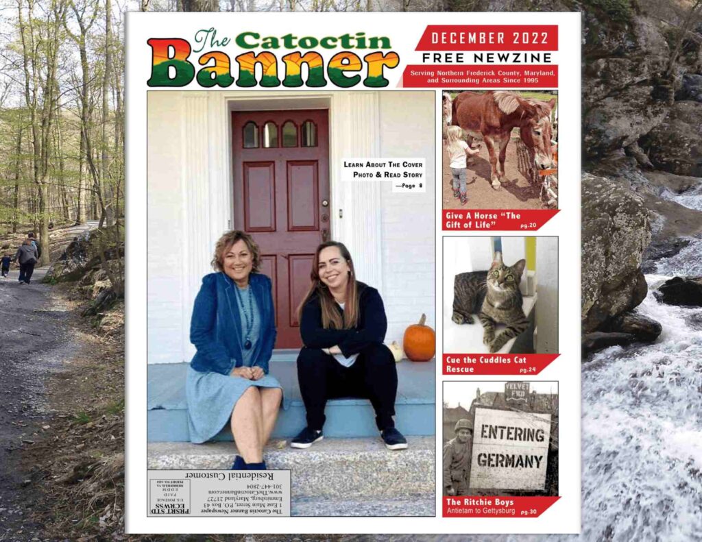 color cover photo of the Catoctin Banner newspaper of executive director Cindy Morgan and house director Kelly Christiano sitting on the front steps of Steadfast's house