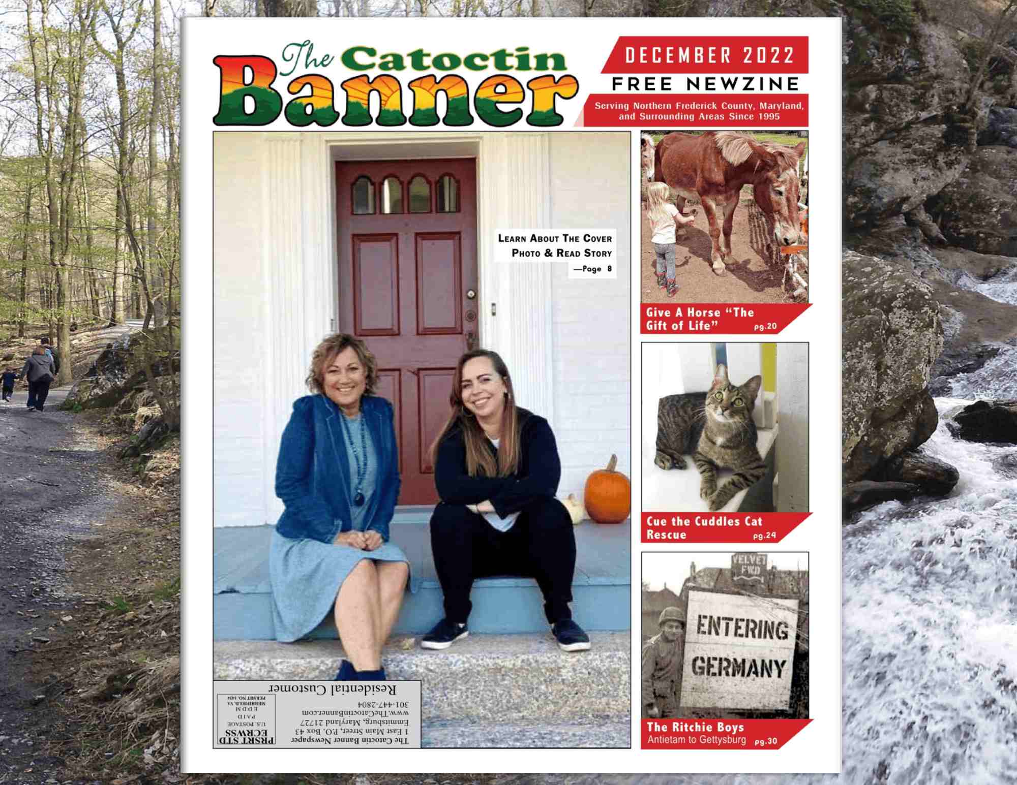 color cover photo of the Catoctin Banner newspaper of executive director Cindy Morgan and house director Kelly Christiano sitting on the front steps of Steadfast's house